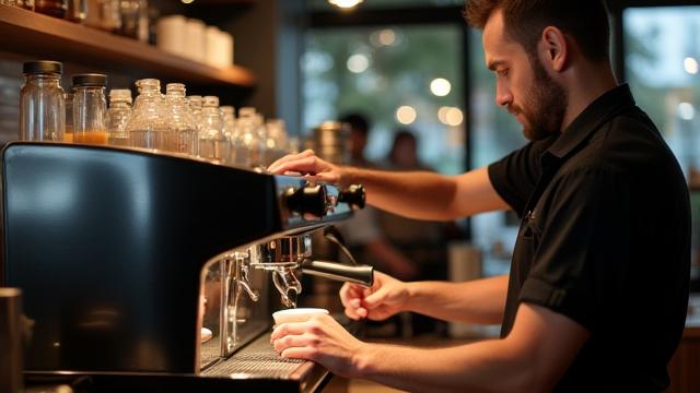 Barista készít kávét egy forgalmas, modern kávézóban, a tisztaságra és az áramvonalas folyamatokra fókuszálva, ami a működési hatékonyság növelését mutatja be.