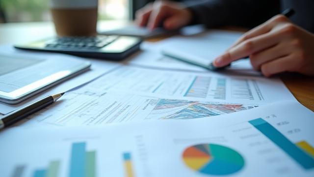 Táblázatok, grafikonok és pénzügyi dokumentumok egy asztalon, háttérben egy jegyzetelő üzletemberrel, ami a vendéglátóipari pénzügyi tervezést illusztrálja.