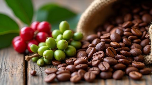 Kávészemek fejlődési szakaszai, a kávécseresznyétől a pörkölt kávéig, egy gazdag színű, organikus környezetben, hangsúlyozva a specialty kávé minőségét.