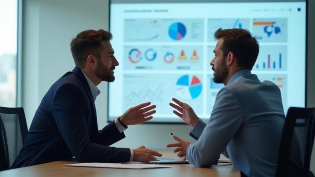 Két szakember stratégiai megbeszélést folytat egy modern irodában, háttérben digitális diagramokkal, ami az üzleti stratégia és az ügyfélélmény szinergiáját szimbolizálja.