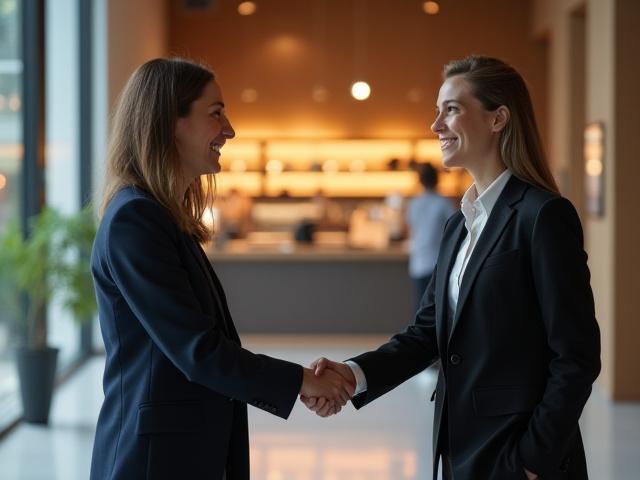Két üzletember kezet ráz egy modern iroda előterében, mögöttük egy kávézó bárpultjának homályos képe, amely az üzleti és vendéglátási szolgáltatások egységét szimbolizálja.