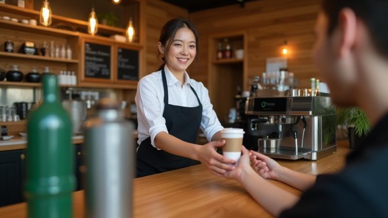 Egy modern kávézó pultja, digitális rendszert használó baristával, aki egy elégedett vendégnek adja át a kávét.