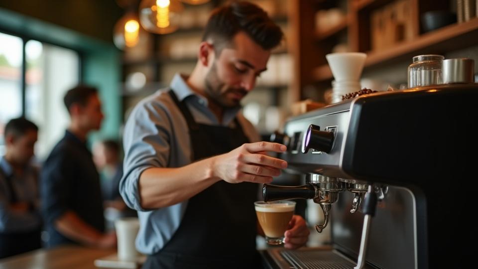 Egy barista optimalizált munkafolyamattal készít kávét egy modern kávézóban.