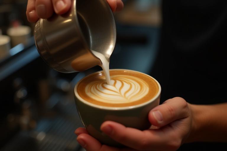 Barista készít specialty kávét, latte artot öntve egy csészébe