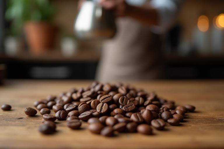 Specialty kávészemek és egy barista, aki kávét készít