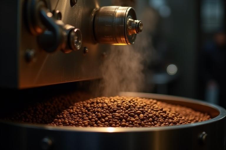 Pörkölőgép egy kávépörkölő üzemben, lassan pörkölődő kávészemekkel