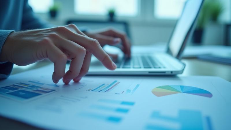 Üzleti elemző grafikonokkal és adatokkal dolgozik laptopon, szimbolizálva a stratégiai tervezést.