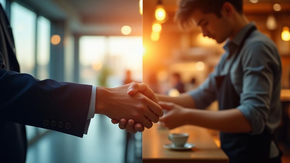 Kézfogás üzletemberek között, háttérben modern iroda és egy barista, aki kávét készít, szimbolizálva a stratégia és a vendéglátás összefonódását.